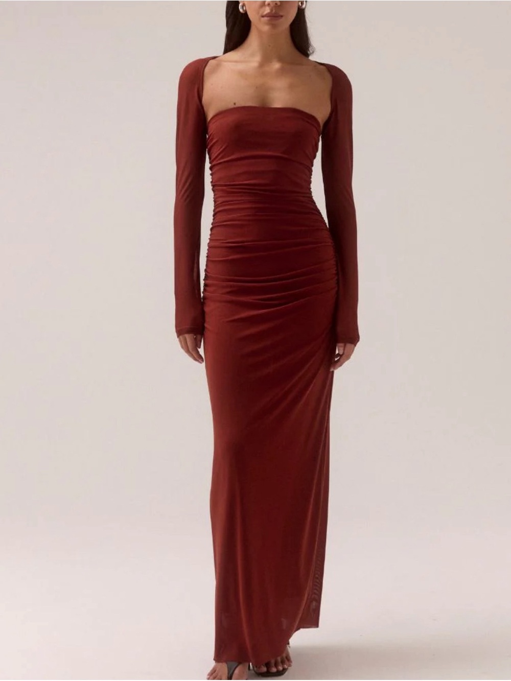 Long-Sleeve Ruched Maxi Dress in Rust